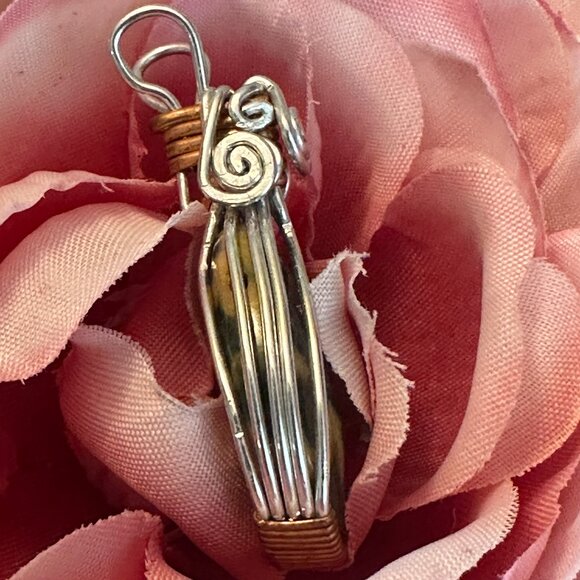 Green/Yellow Jasper Silver and Copper Wrapped Wire Pendant - Picture 9 of 12